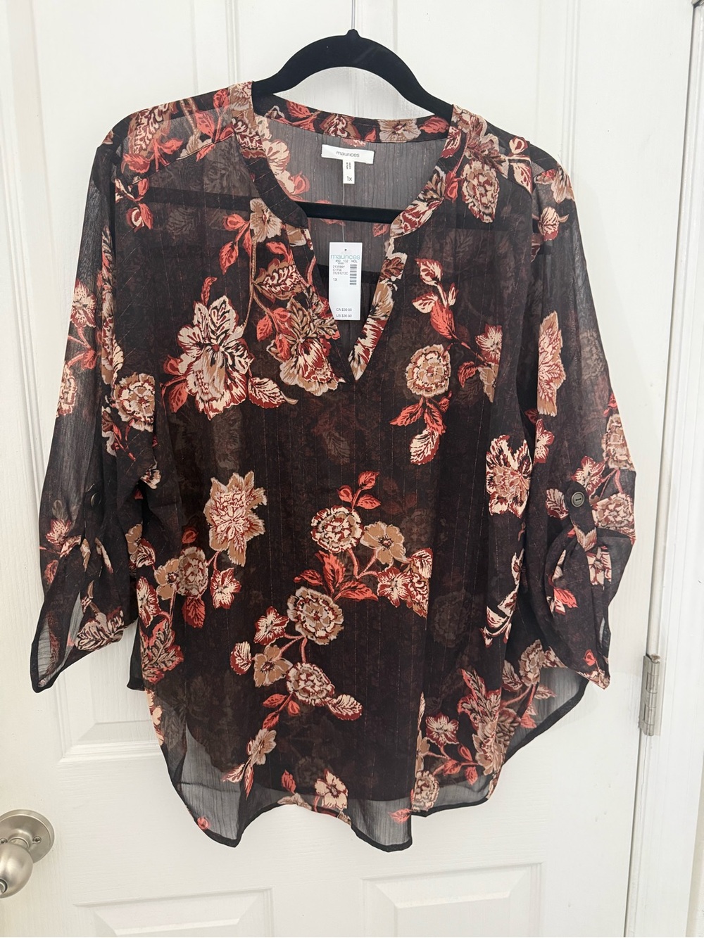NWT. Maurices Floral Sheer V-Neck Blouse - Brown with Rust Floral. Size 1X.